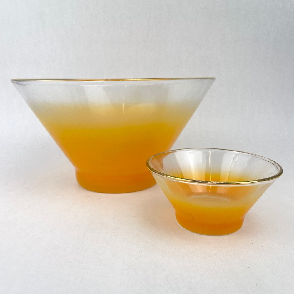 Vintage Mid Century Blendo Orange West Virginia Glass Frosted Chip and Dip Set